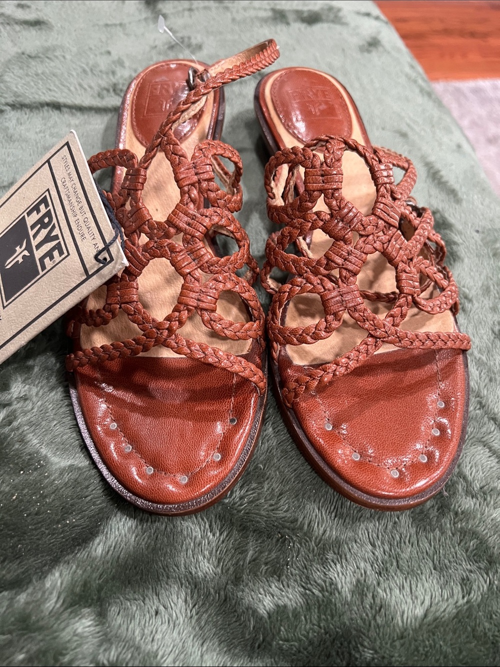 Frye Braided Leather Slide Sandals in Cognac Brown